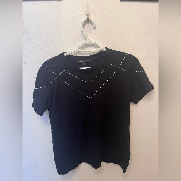Maje Tabloid Pull On Short Sleeve Blouse Black Rhinestone Size 2 - Picture 3 of 4